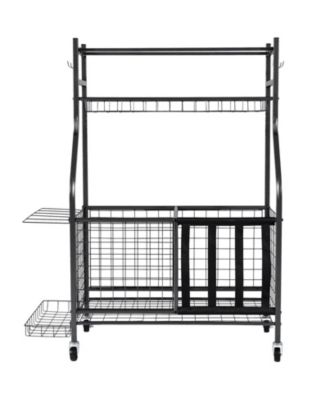 Rolling Sports Equipment Organizer Cart with Ball Rack, Baskets & Hooks, Steel Storage for Garage