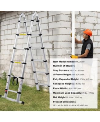 12.5 ft Telescoping A-Frame Ladder, Aluminum Multi-Button Retraction, 375 lb Capacity, Stabilizer Bar, Lightweight Extension Ladder