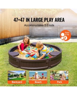 Round Sandbox w/ Cover, 47.2" x 9.1", HDPE w/ 3 Corner Seats & Bottom Liner, Ages 3-12