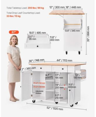 52" Kitchen Island Cart with Solid Wood Top, Storage Cabinet, Drop Leaf, Drawers, Spice Rack, Towel Rack, Swivel Wheels