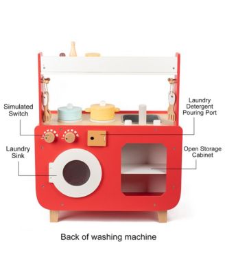 Wooden Kids Play Kitchen Toy Set with Washer, Oven, Realistic Sink & Storage