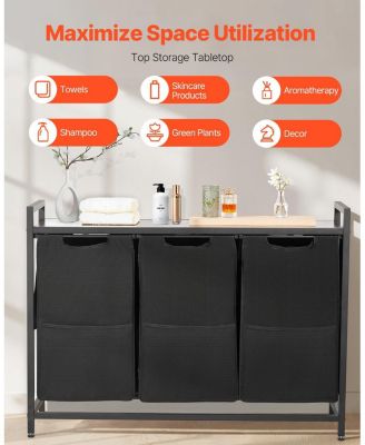 3-Section Laundry Sorter, Large Hamper with Wood Top, Metal Frame, Pull-Out 600D Oxford Cloth Bags, Freestanding Organizer