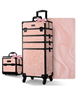 Rolling Makeup Train Case Trolley w/ Cube Case Cosmetic Organizer Pink