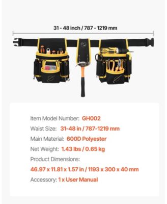 Magnetic Tool Belt Pouch, 28 Pockets Heavy-Duty Utility Tool Belt, Detachable Work Bag, Adjustable Waist 31–48 in
