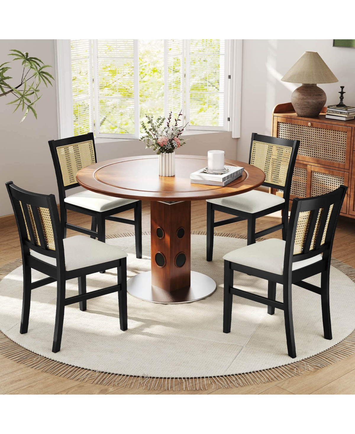 Costway Farmhouse Rattan Dining Chair Fabric Upholstered Kitchen Chairs