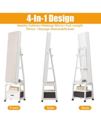 360&deg; Swivel Jewelry Armoire with Storage Shelf & Drawer – 66" H Full-Length Mirror Jewelry Floor Standing Organizer with Wheels
