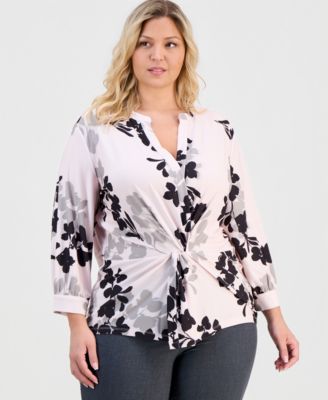 Plus Size Printed Twist-Front Top