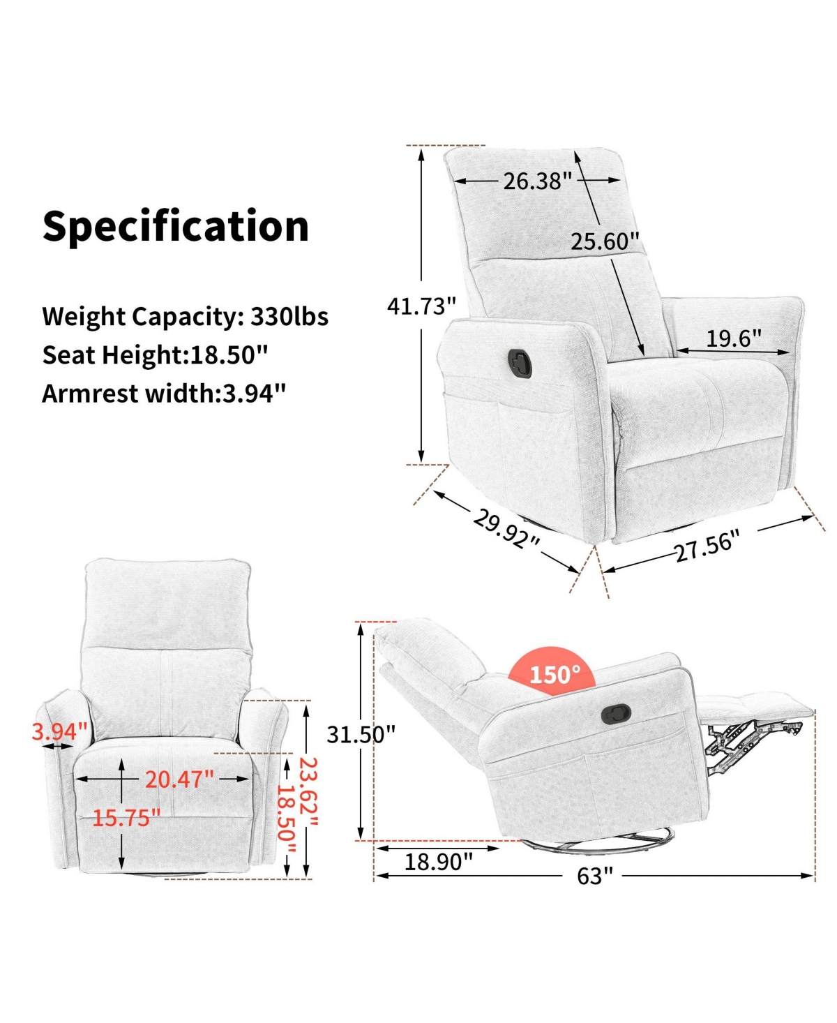 Clihome 360 Swivel Recliner Chair, Manual Rocker with Extendable Footrest & Side Pockets