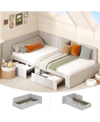 Twin Daybed with Storage Drawers, Velvet Upholstered Corner Bed Frame, Adjustable Headboard & Guardrails