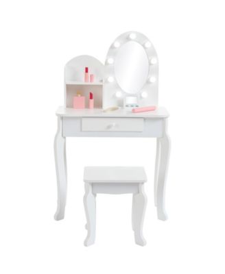 Girls' Vanity Set with Light and Mirror, Makeup Table and Stool for Kids, Wood Dressup Playset for 4-9