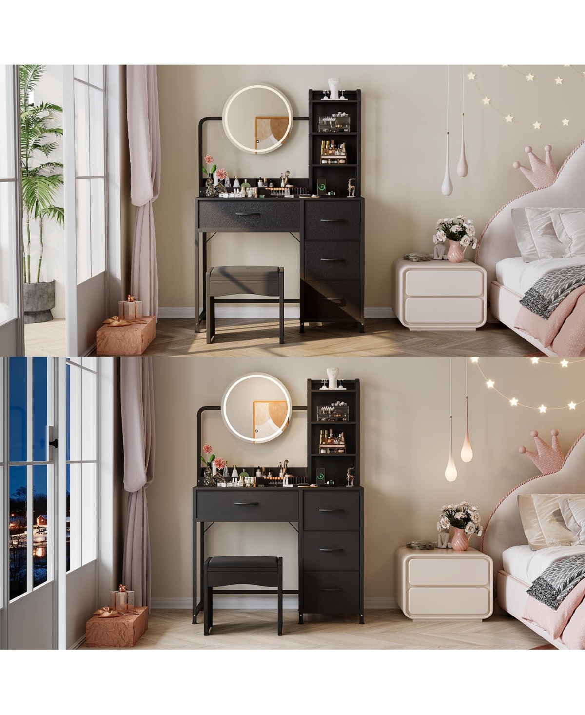 gaomon Vanity Desk with Mirror and Lights, Wood Dressing Table 4 Fabric Drawers, Makeup Hair Dryer Rack for Bedroom Room