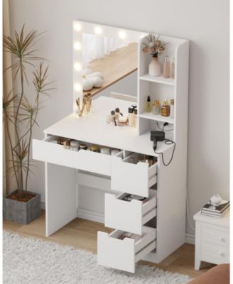 Modern Vanity Desk with Mirror, Power Outlet, 4 Drawer & Three Level Storage