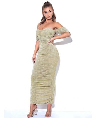 Women's Gene Gold Ruched Off Shoulder Chiffon Dress