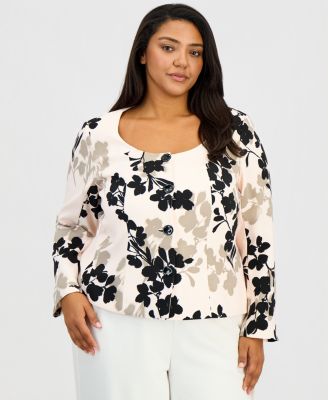 Plus Size Printed Scoop-Neck Jacket