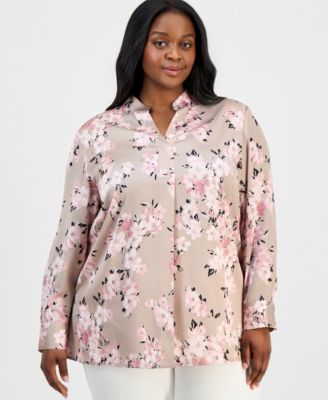 Plus Size Printed Long-Sleeve Popover Blouse