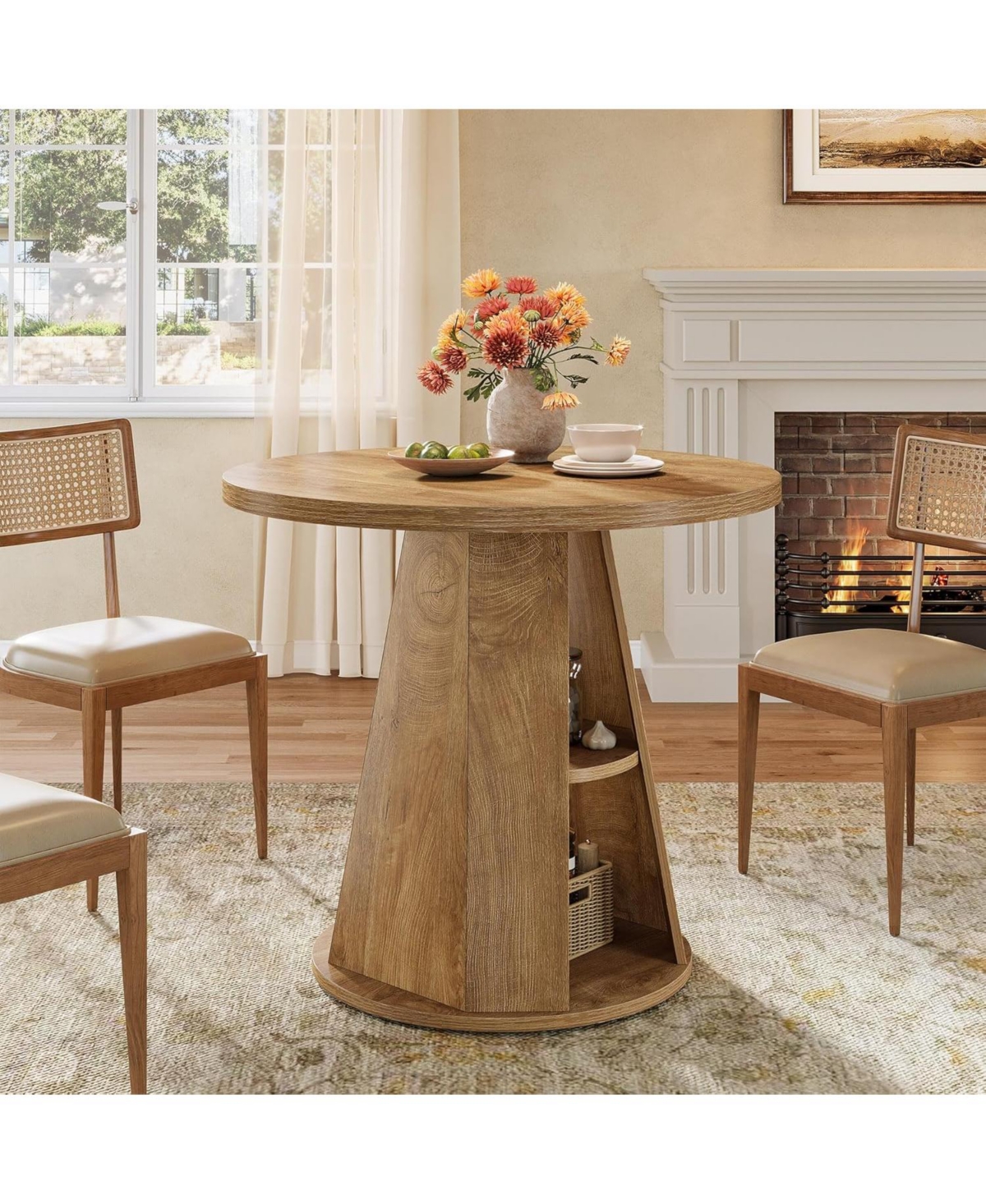 Tribesigns Round Dining Table for 2–4, 31.5" Small Farmhouse Kitchen Table with 2-Tier Storage Shelf, Space-Saving Wood Dining Table, Ligh