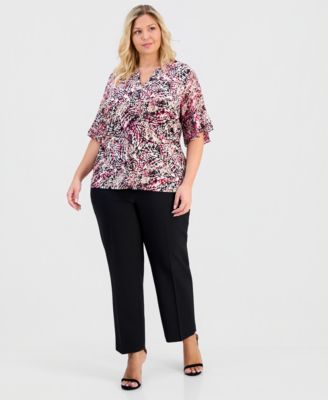 Plus Size Split-Neck Printed Flutter-Sleeve Top 