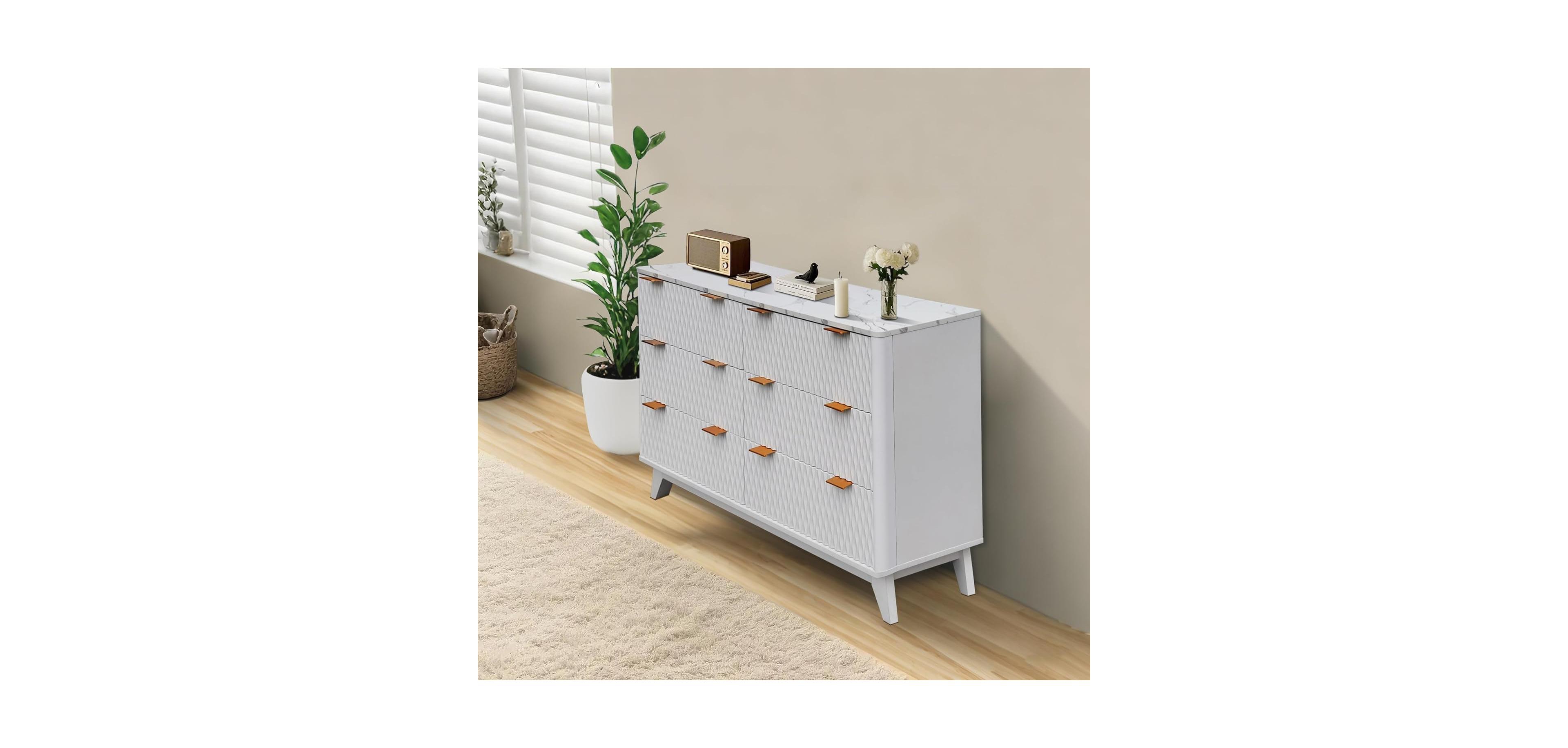 gaomon 6-Drawer Fluted Wood Dresser, Faux Marble Top, Modern Storage Organizer for Bedroom, Living Room