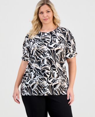 Plus Size Printed Pleated-Sleeve Top