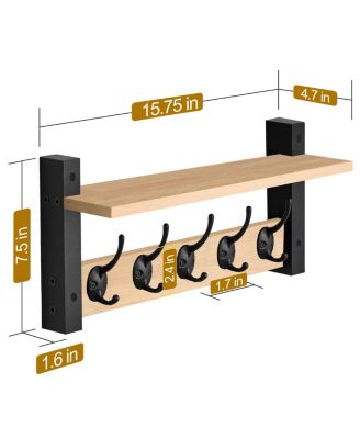 16 Inch Floating Wall Shelf with 5 Heavy Duty Hooks – for Entryway, Bathroom, Bedroom, Kitchen, or Mudroom