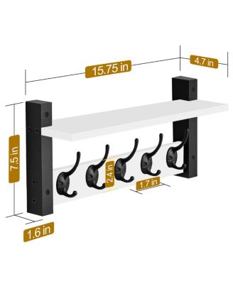 16 Inch Floating Wall Shelf with 5 Heavy Duty Hooks – for Entryway, Bathroom, Bedroom, Kitchen, or Mudroom