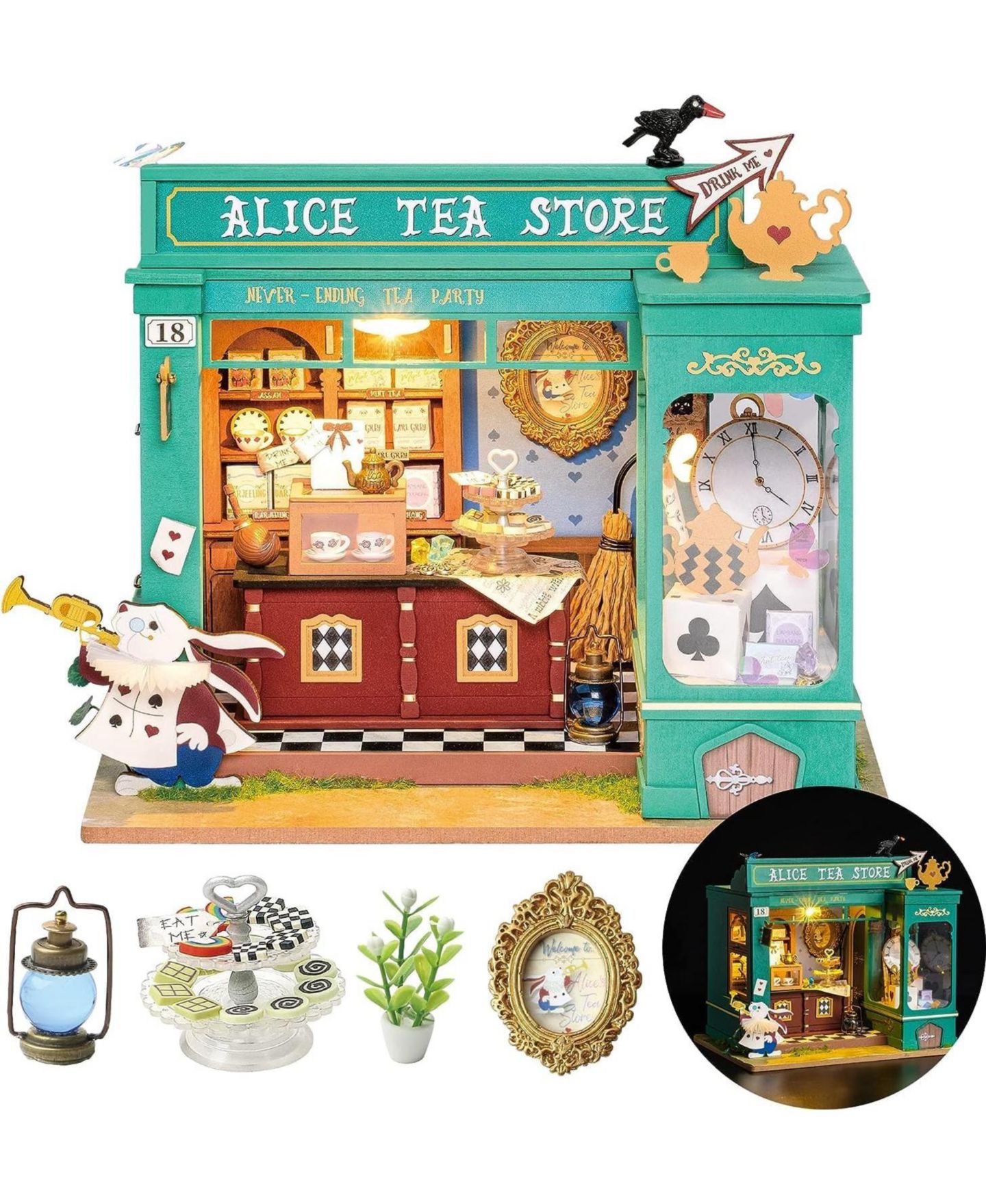 Детские куклы Robotime Alice's Tea Store 1:24 Scale Plywood DIY Miniature House Kit with LED Light, Ages 14+ — фото 1