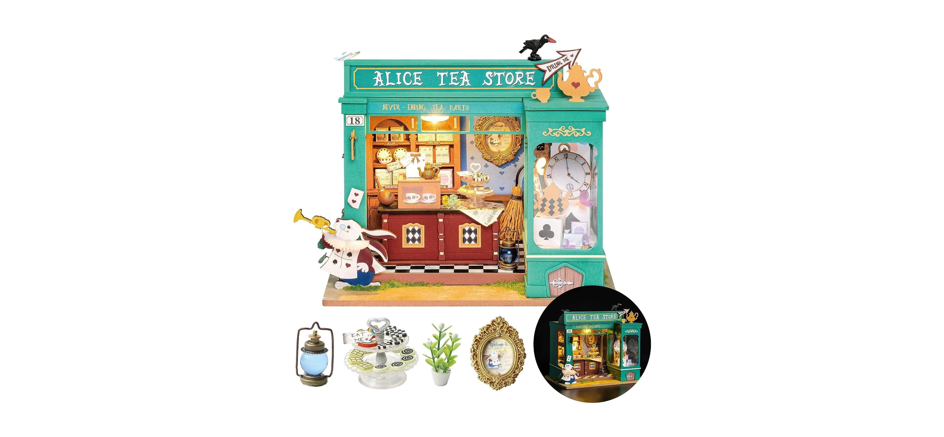 Robotime Alice's Tea Store 1:24 Scale Plywood Diy Miniature House Kit with Led Light, Ages 14+
