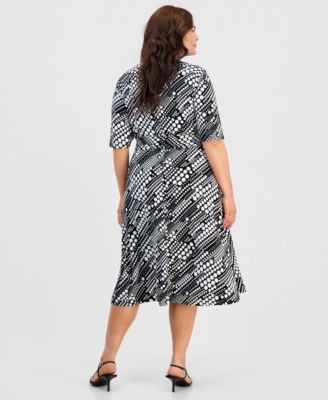 Plus Size Printed Knit Faux-Wrap Belted Dress