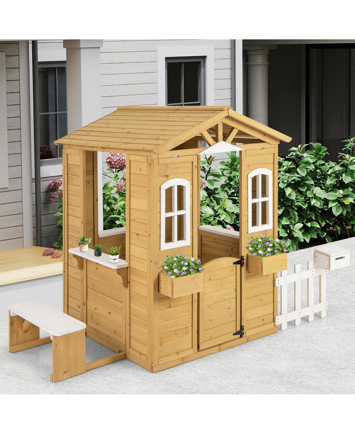 Sugift Wood Playhouse with Bench and Serving Stations for 2+ Years Old Kids