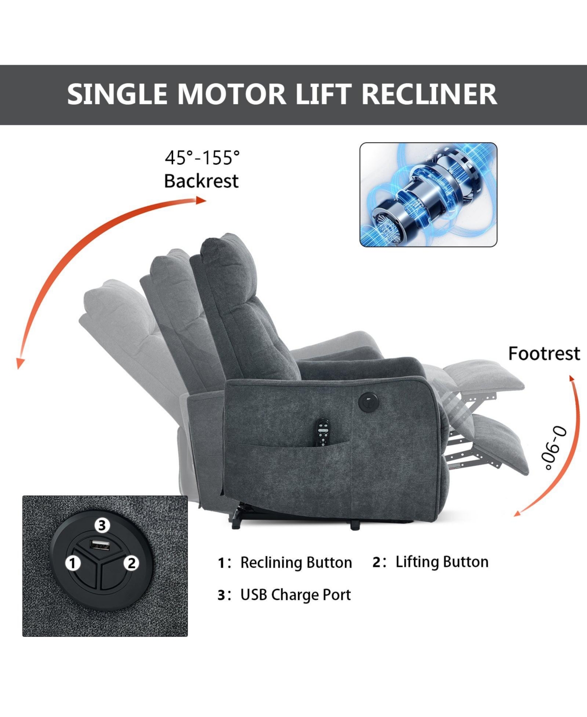 Boyel Living Chenille Power Lift Recliner Chair 155° Recliner with Massage Heat Usb for Indoor Elderly