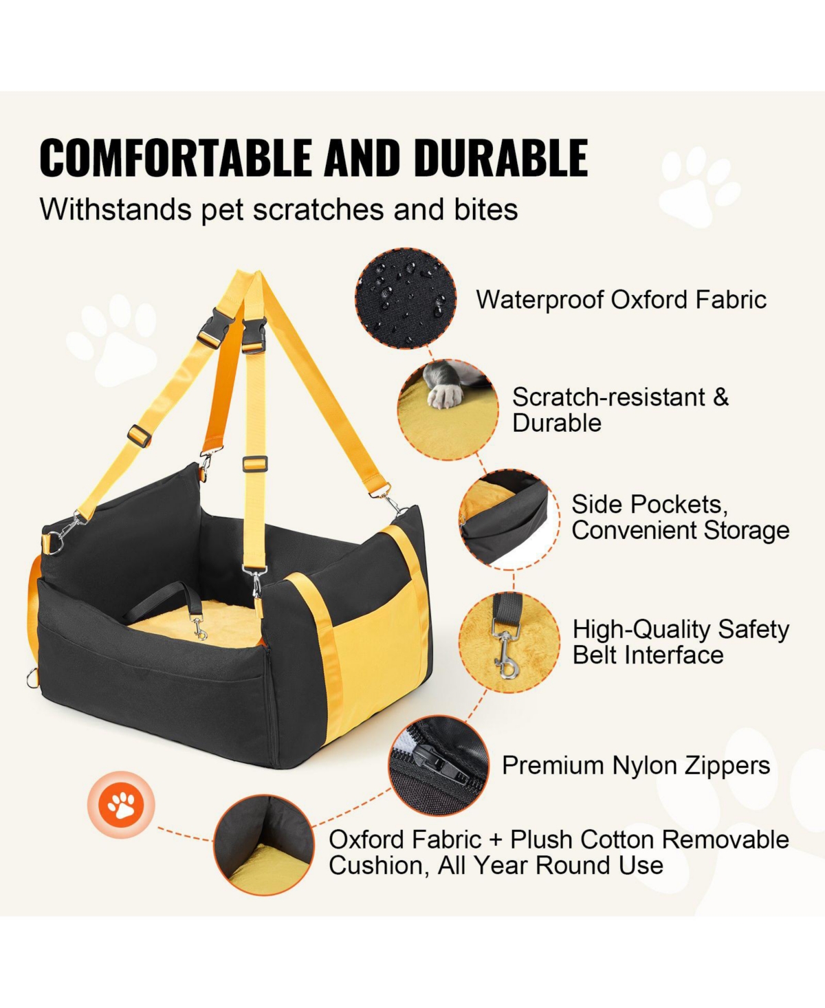 Cozito Waterproof Dog Car Booster Seat Side Handles, Storage Pocket & Safety Leash, Pp Cotton Fill, Small Dog Car Bed up to 25 lb, Black