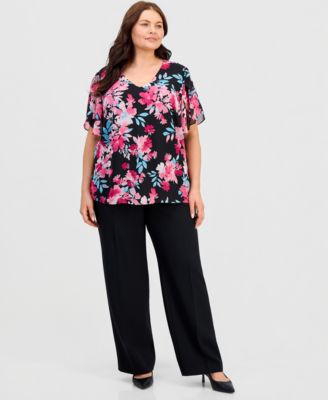 Plus Size Printed V-Neck Tulip-Sleeve Blouse