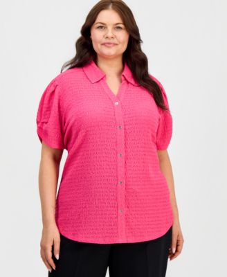 Plus Size Button-Front Pleated-Sleeve Top