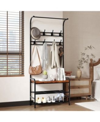 Entryway Hall Tree, 4-in-1 Freestanding Coat Rack with Shoe Storage Bench, 3-Tier Shelf, Hanging Rod, and 8 Adjustable Hooks for Entryway