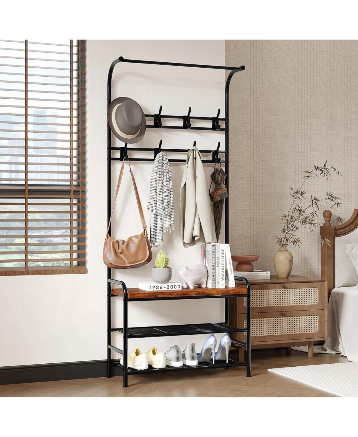 gaomon Entryway Hall Tree, 4-in-1 Freestanding Coat Rack with Shoe Storage Bench, 3-Tier Shelf, Hanging Rod, and 8 Adjustable Hooks for Entryway