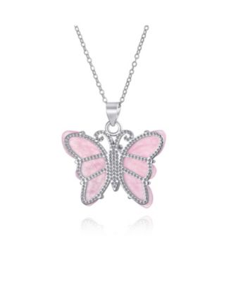 Light Pink Rose Quartz Garden Butterfly Pendant Necklace .925 Sterling Silver