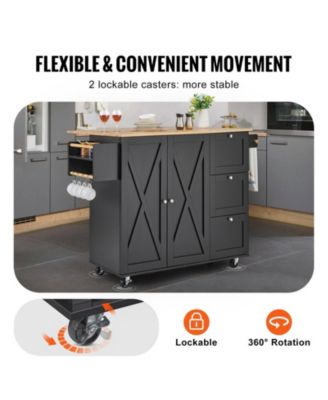 56" Kitchen Island Cart with Wood Top, Storage Cabinet, Drop Leaf, Drawer, Adjustable Shelf, Spice Rack, Towel Bar, Hooks