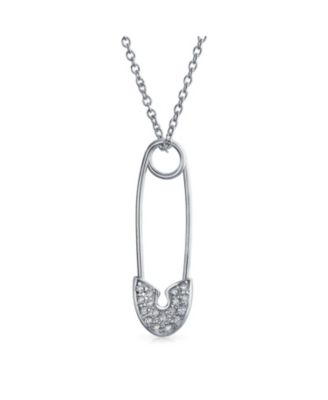 Pave Cubic Zirconia CZ Accent Safety Pin Pendant Necklace .925 Sterling Silver