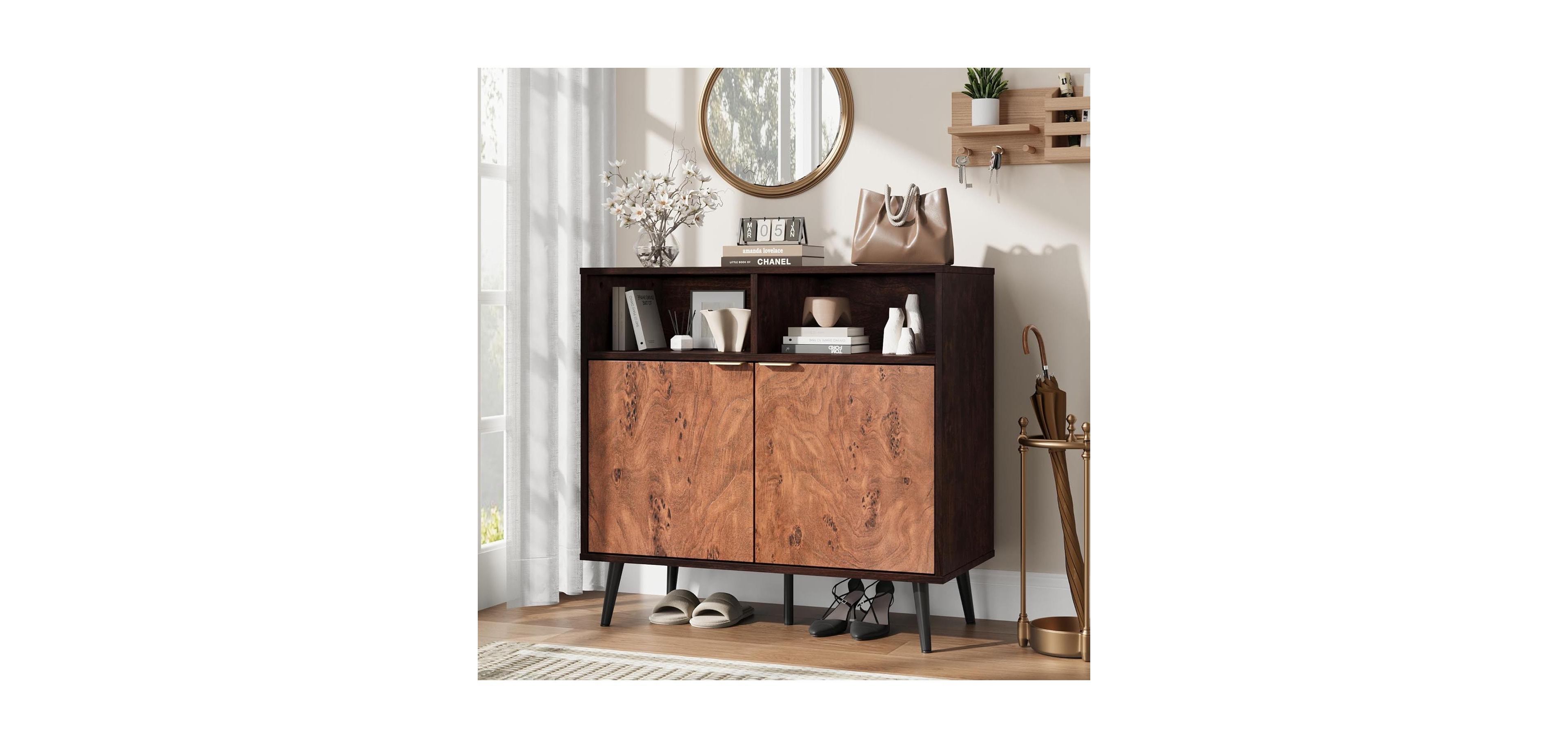 gaomon Senfot 31.5" Sideboard Buffet Cabinet with Storage, Farmhouse Kitchen Wooden Cabinet with 2 Open Shelves, Gorgeous Burl Texture