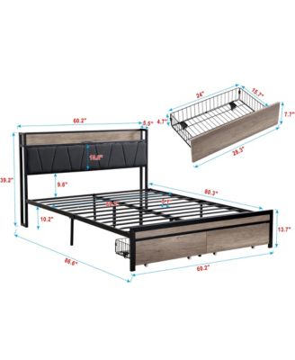 Queen Size Metal Platform Bed Frame with Storage and USB Headboard