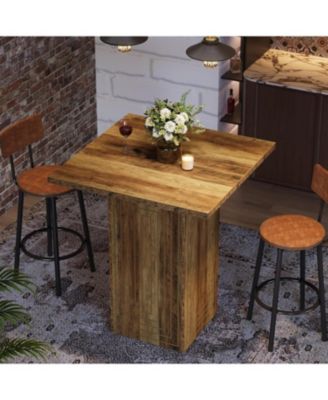 Square Bar Table, 31" Wooden Home Bar Unite with Geometric Texture, Farmhouse Counter Height Pub Table with Stable Base