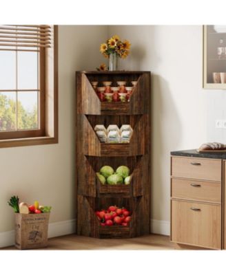 4-Tier Fruit and Vegetable Storage Rack, 55.12" H Freestanding Open Storage Basket Stand, Wood Corner Vegetable Fruit Shelves
