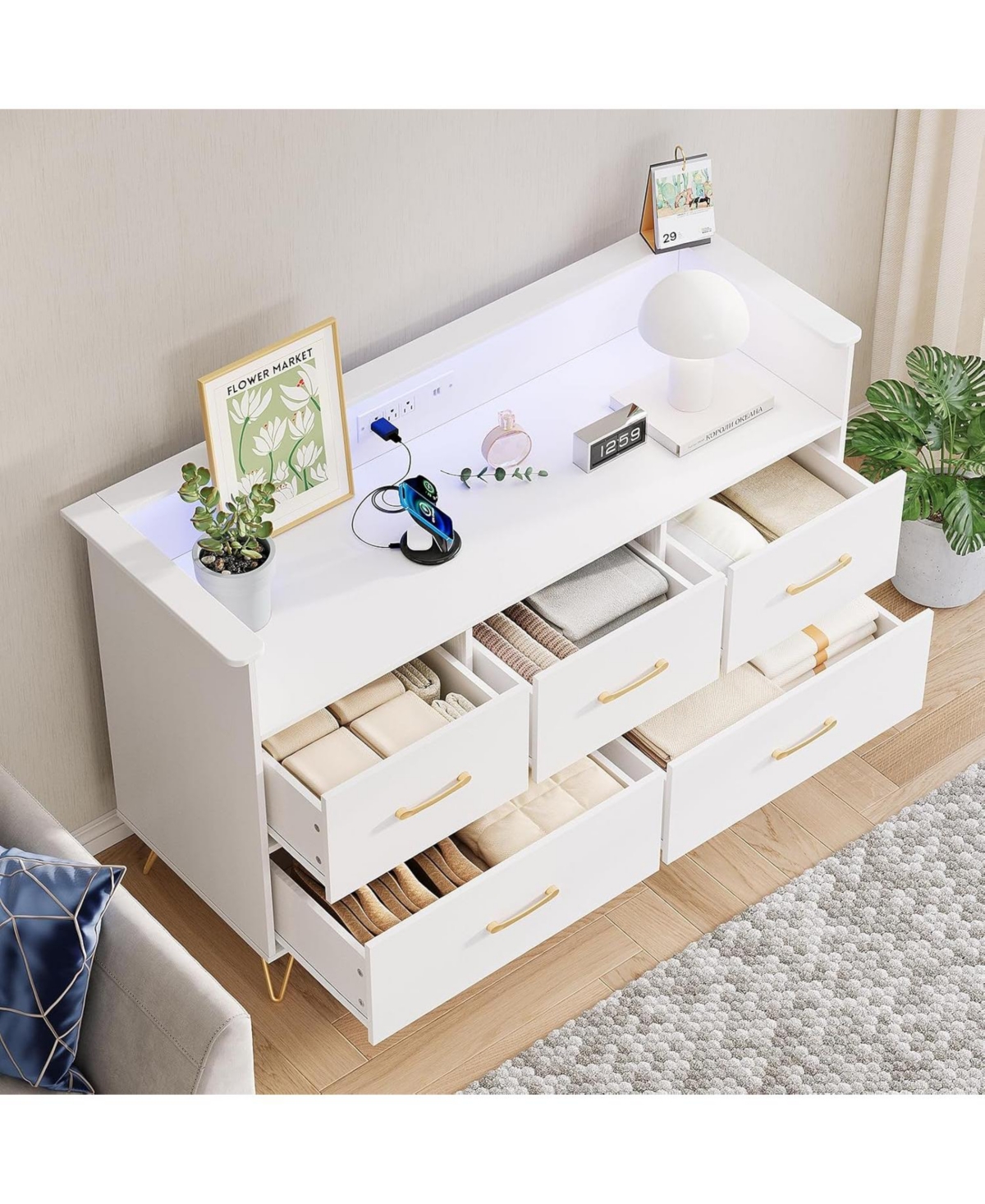 gaomon 5 Drawer Dresser for Bedroom, 47 Modern Wooden with Led Lights & Charging Station
