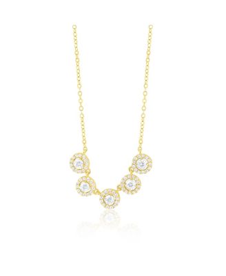 Cocktail Necklace with Created White Topazs Rounds and CZ Halo Solitaire Gold Over Silver 18 Inches Adjustable