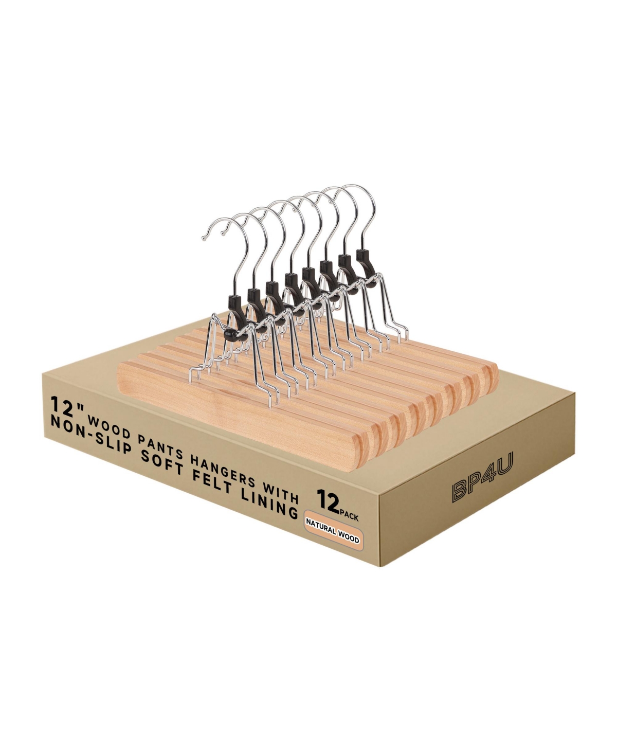 BP4U 12" Wood Clamp Hangers with Felt Lining, Non-Slip Wooden Pants/Skirts Hangers for Trousers, Jeans, Shorts, and Delicate Fabrics