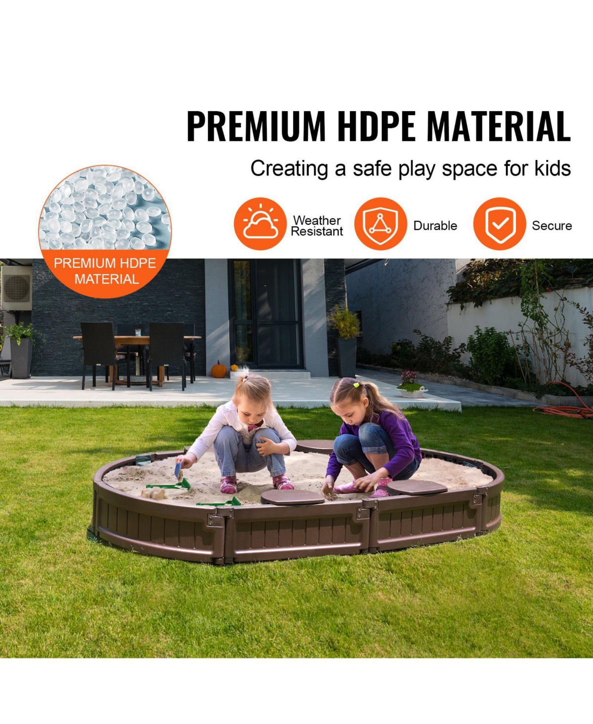 Slickblue Sandbox with Cover, Oval Sand Box, Hdpe Sand Pit with 4 Corner Seating and Bottom Liner