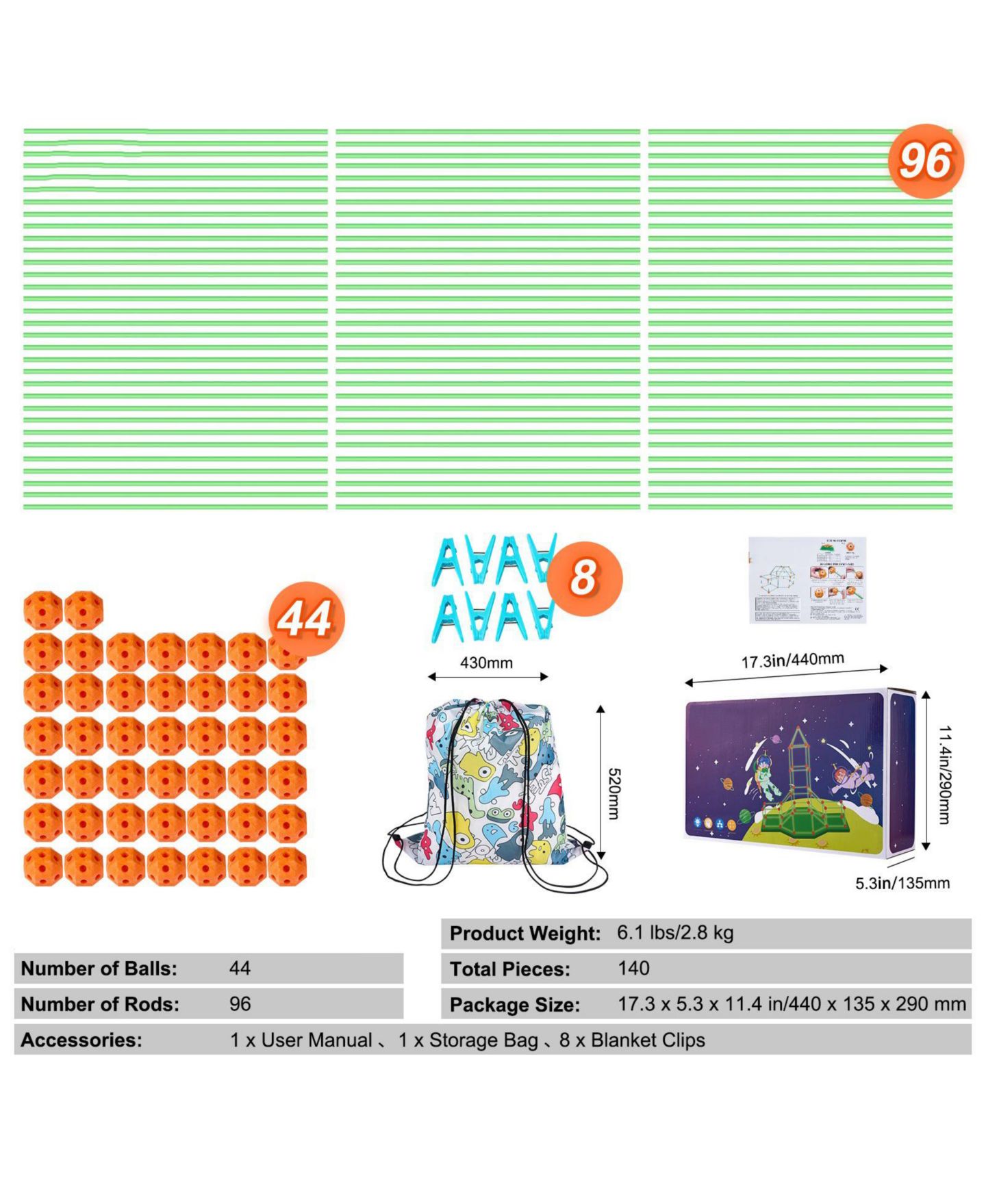Детский конструктор Slickblue Glow Fort 140-Piece Glow-In-The-Dark Stem Building Kit, Ages 5+, цвет: Оранжевый / Зелёный — фото 4