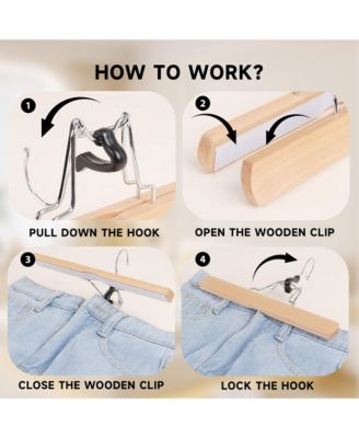 12-Pack Wood Clamp Hangers with Felt Lining, 10" Non-Slip Wooden Pants/Skirts Hangers for Trousers, Jeans, Shorts, and Delicate Fabrics