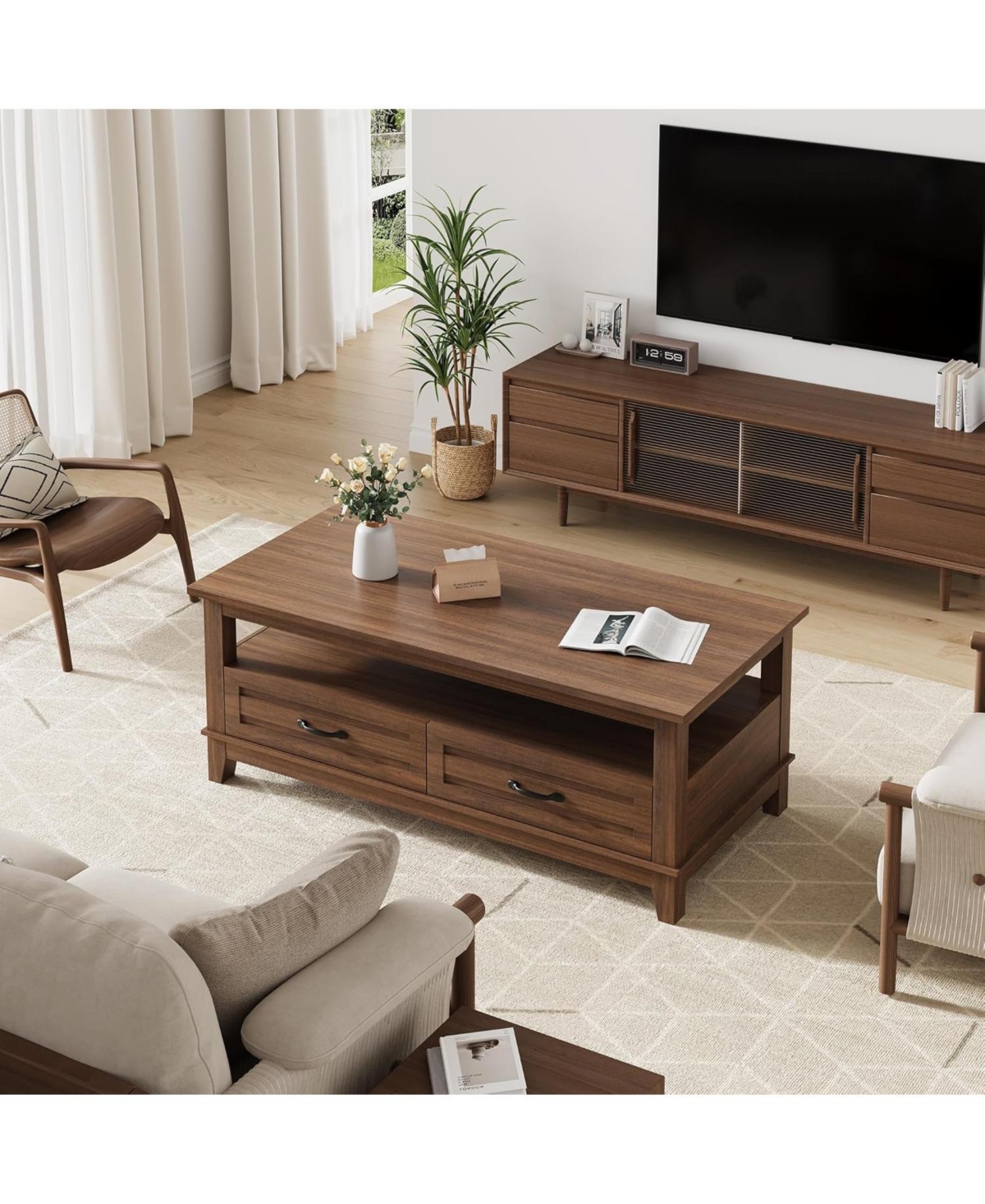 gaomon Farmhouse Coffee Table with Drawers, 47.2" Rustic Walnut Center Table, Ample Storage, Elegant Design, Brown