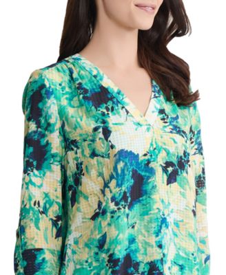 Women's V-Neck Roll-Up Sleeve Tabs Tunic Top
